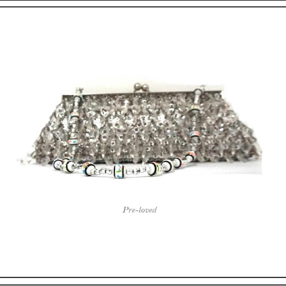 Crystal Beaded Evening Silver Beads/Fabric…